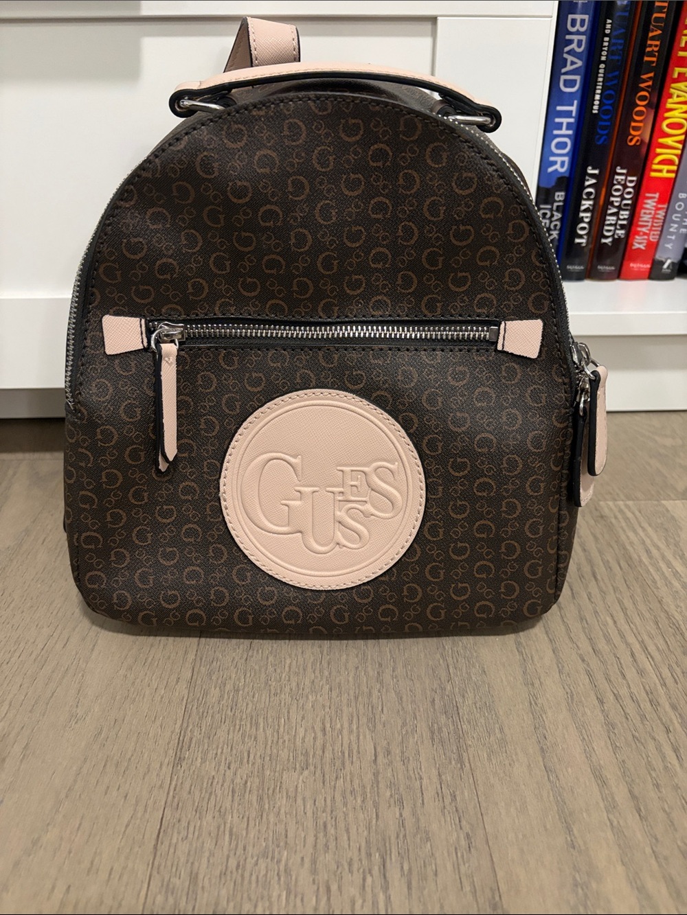 GUESS Brown Logo Monogram Backpack with Blush Accents